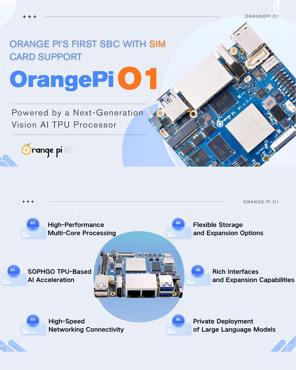 orangepixunlong's tweet photo. 🔥 #OrangePiO1 Is HERE!
OrangePi’s first SBC with SIM card support! 🚀

⚡ Sophgo BM1688 8-Core Soc
📶 4G/5G Cellular Module Support
💾 8GB/16GB LPDDR4/4X Memory
🎥 16-Channel 1080p Video Decoding
🧠 16 TOPS Computing Power

📲 Explore :
https://t.co/6Hnrm9Dk2G
#OrangePi  #EdgeAI https://t.co/wJdxtVNY1K