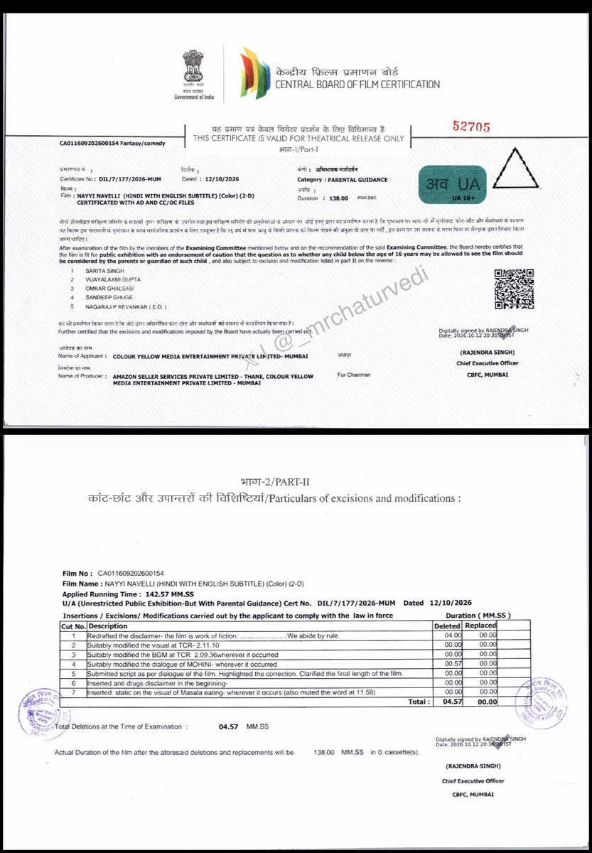 _mrchaturvedi's tweet photo. #NayyiNavelli - Censorship information is here.
Runtime: 02:18:00
#CBFCWatchWithParth | 16.10.2026 - only in cinemas. https://t.co/h122nU4PrY