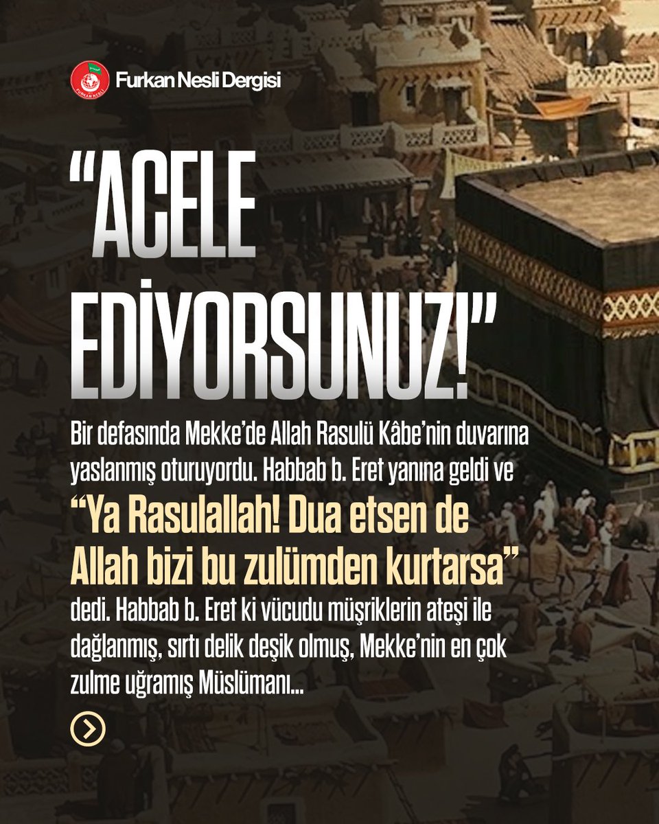 Furkanneslider's tweet photo. 📜 Rasulallah’tan Müminlere: ACELE EDİYORSUNUZ!

Vücudu müşriklerin ateşi ile dağlanmış, sırtı delik deşik olmuş Habbab b. Eret, “Ya Rasulallah, dua etsen de Allah bizi bu zulümden kurtarsa” demişti…

🖇https://t.co/9qLKwf5Uf6 https://t.co/oFE6maf7JK