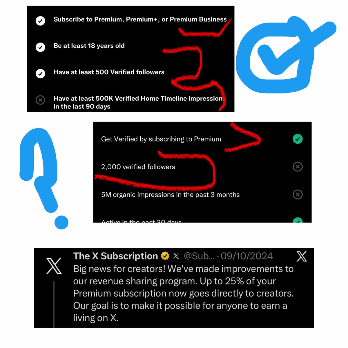 iamveektoria_'s tweet photo. “Is buying a blue tick necessary to build a brand or grow an account?”

Well, just so you know, X is a business for Elon, not a charity.

X makes money when:
→ People pay for Blue subscriptions.
→ People spend time on the platform and see ads.

So, what two things contribute directly to X as a business? Paying subscribers and creators who make content that keeps people on the platform.

X itself has said that it prioritizes verified accounts. This is how the algorithm is programmed. Look around you.

Look at the comments. You must have noticed that verified comments often appear at the top, while non-verified comments are pushed further down.

Look at the TL. You must have noticed that verified accounts dominate it.

Aside from this, there are people trying to get into the Creator Revenue Sharing program. 

The program requires 500,000 verified timeline impressions and 500 verified followers. And for subscription perks? 2,000 verified followers.

People trying to monetize are everywhere, and of course, their attention goes to those who are verified because verified followers and impressions are what they need.

People already in the program get payouts for verified engagement, so who do you think they gonna prioritize??

Now, let’s come to the corporate side of things. There are many bots on here, and one of the first things that can make you look like a bot is not having a Blue subscription. 

Running DM campaigns without one means your messages are more likely to be ignored.

Now, of course, you can start here without a Blue subscription, and if you’re very creative with content and quotes, you can grow.

But it’s obvious from everything I’ve said so far that trying to grow on here without a Blue subscription is choosing to build on HARD MODE.