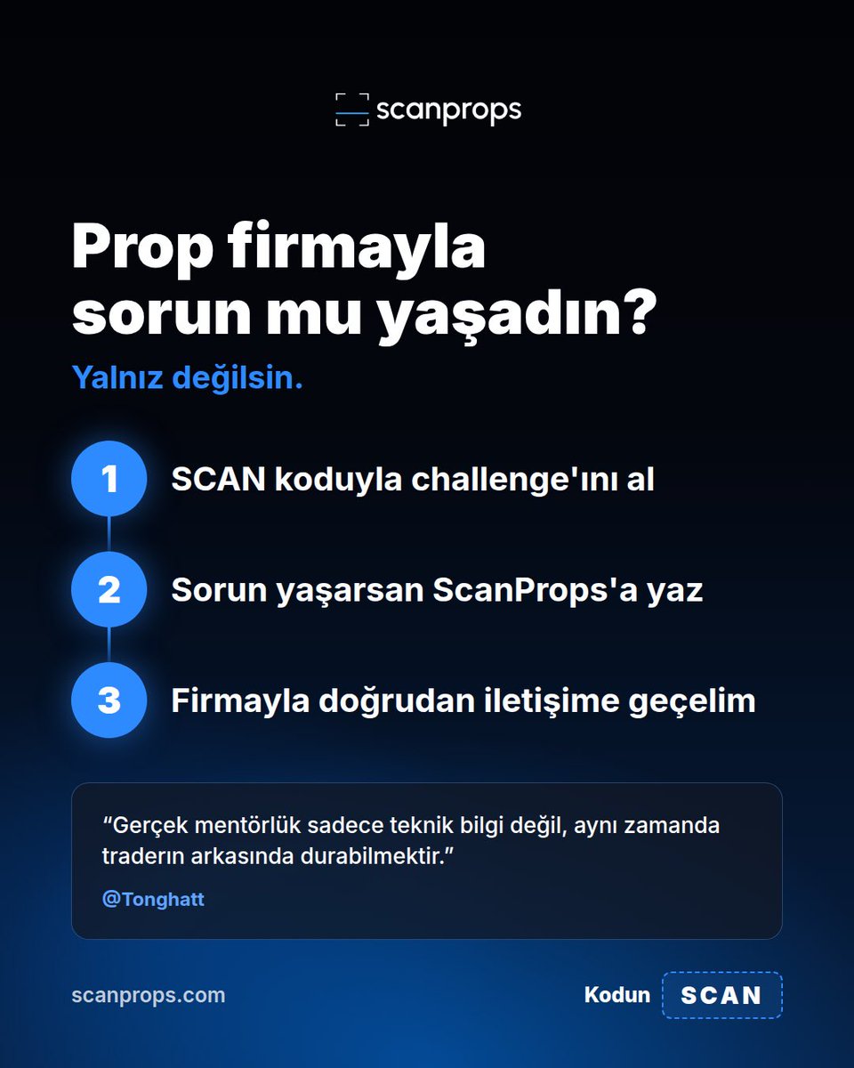 scanpropstr's tweet photo. Prop firmayla sorun yaşamak yalnız hissettirebilir.

Mail atarsın, ticket açarsın, beklersin.

SCAN koduyla aldıysan yalnız değilsin. 🧵

Nasıl işliyor?
→ Challenge'ını SCAN koduyla al
→ Sorun mu yaşadın? ScanProps'a yaz
→ Biz firmayla doğrudan iletişime geçelim

Kodun: SCAN · https://t.co/8HOHER5U8d