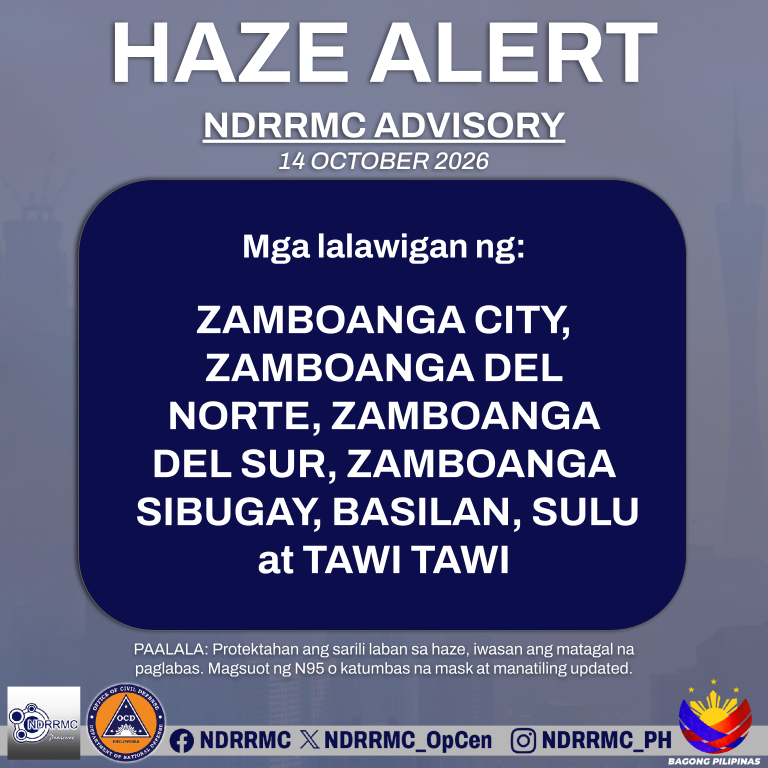 NDRRMC_OpCen's tweet photo. Maging alerto, mga lalawigan ng #ZamboangaCity, #ZamboangadelNorte, #ZamboangadelSur, #ZamboangaSibugay, #Basilan, #Sulu at #TawiTawi!

Protektahan ang sarili laban sa haze, iwasan ang matagal na paglabas. Magsuot ng N95 o katumbas na mask at manatiling updated.

Tumawag sa National Hotline 911 o Local Emergency Hotlines sa mga nangangailangan ng tulong.

#NDRRMC
#BawatSegundoMahalaga
#HazeAlert