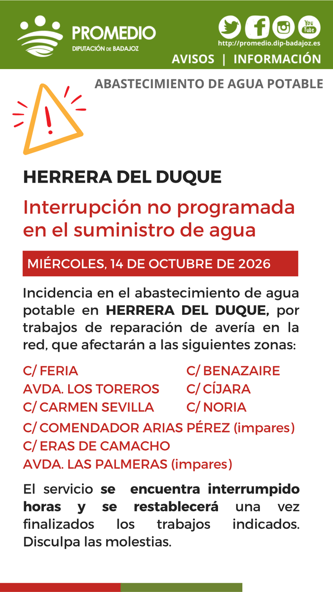 PromedioBadajoz's tweet photo. 🚧 AVISO > HERRERA DEL DUQUE
🚱 Interrupción no programada del abastecimiento de agua por trabajos de reparación de avería en la red general. Disculpa las molestias.
#AtuServicio @aytoherrera https://t.co/ettbDqLp1t