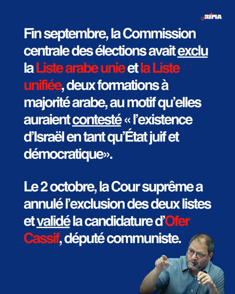 RimaHas's tweet photo. 🔴 Élections en Israël, quelles alternatives à Netanyahu ? 

À l'approche des élections législatives en Israel, qui auront lieu le 27 octobre prochain, la question du départ - ou non - de Netanyahu se fait de plus en plus insistante. Beaucoup considèrent que son départ marquerait la fin de la politique de colonisation en Cisjordanie, de l'apartheid et du génocide à Gaza.

Netanyahu et son gouvernement d'extrême droite n'ont jamais été les seuls responsables des crimes commis à l'encontre des Palestiniens. Les positions des adversaires de Netanyahu à cette élection en témoignent auxquelles s’ajoutent les tentatives d’exclusion des partis arabes-palestiniens.

Rappelons que, d'apès un sondage de l'Israel Democracy Institute publié en septembre 2025, 72% de la population juive israélienne estime que le peuple palestinien n'a pas droit à son propre État. 

Le vernis démocratique israélien s'effrite chaque jour un peu plus. Notre combat politique doit continuer à s'inscrire dans un horizon de libération pour le peuple palestinien, dans son ensemble.