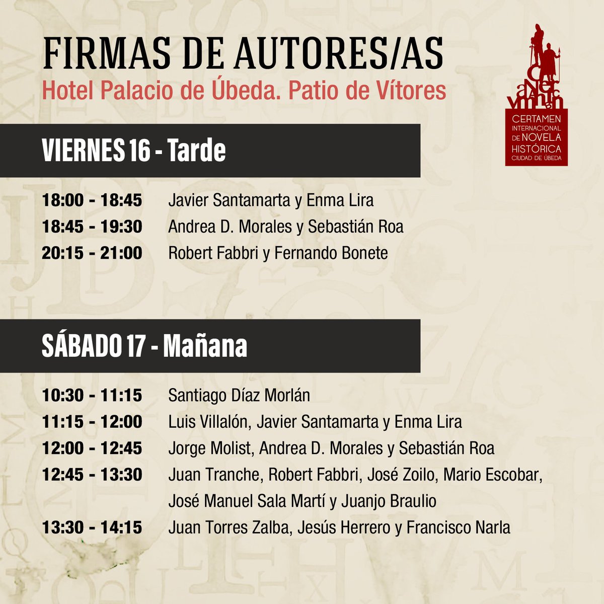 CINHDe's tweet photo. 📚Horarios en los que podréis encontrar a los autores participantes en la XV edición del Certamen de Úbeda firmando sus obras.

⏰Horarios de la Feria del Libro

👉Viernes: de 17:00 a 21:00 h.

👉Sábado: de 10:00 a 14:15 h. y de 16:30 a 21:00 h.

👉Domingo: de 10:00 a 14:00 h. https://t.co/0UE6M6Fajh