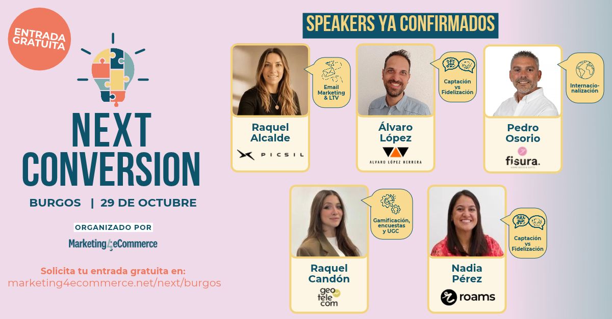 Mkt4eCommerce's tweet photo. Habrá que ir calentando motores para el #NEXTBurgos ¿no?

Sí aún no tienes tu entrada, puedes reservarla aquí: https://t.co/fTLwUurG81

Ya os podemos ir adelantando a los primeros speakers confirmados:
👉 Raquel Alcalde Adrián, Ecommerce & Marketing Manager en PICSIL, que nos traerá un case study enfocado en cómo exprimir el email marketing y las automatizaciones para disparar la recurrencia y el LTV de tus clientes.
👉 De la mano de Raquel Candón, Team Lead Marketing Automation de @Geotelecom veremos cómo captar datos de valor con gamificación, encuestas, UGC o formularios inteligentes, y cómo usarlos para segmentar, automatizar según el comportamiento de cada cliente y crear impactos hechos a medida.
👉Debatiremos dónde poner el foco de inversión junto a Álvaro López Herrera (Consultor) y Nadia Pérez (CMO en @roams_vip ) en una mesa redonda clave para cualquier estrategia digital: “Captación vs. Fidelización”.
👉Pedro Osorio, de Fisura, nos revelará la estrategia omnicanal con la que han conseguido conquistar más de 70 países.

¿Es un planazo o no? ¡Nos vemos el 29 de octubre marketer!