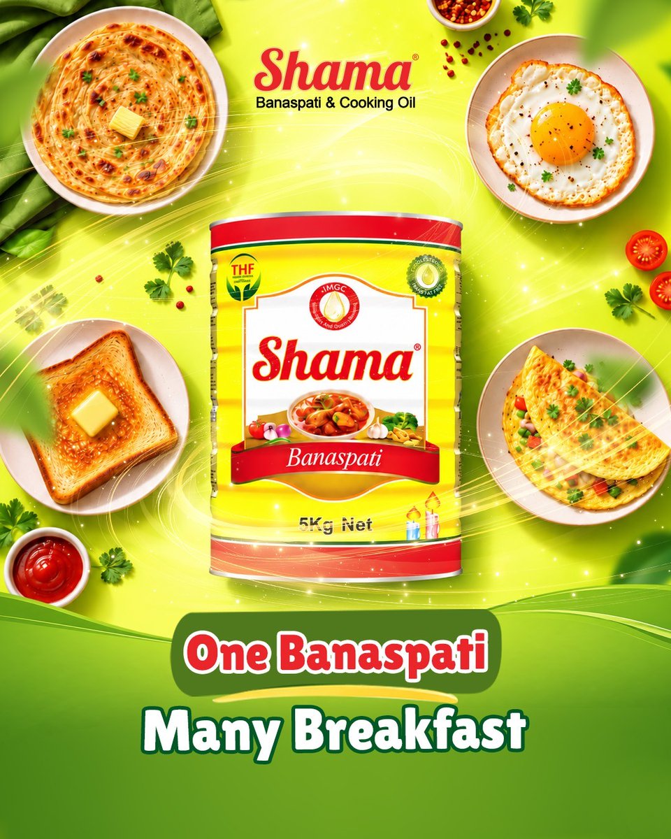ShamaOil's tweet photo. One Banaspati. Many Breakfasts. 🍳🥞✨  
From crispy parathas and golden toast to eggs and omelettes, make every breakfast more delicious with Shama Banaspati. https://t.co/YS1rDGvi8Q