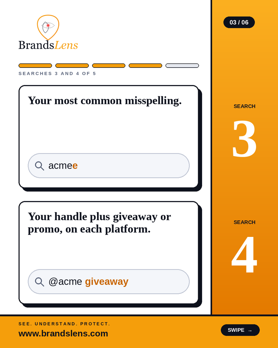 BrandsLens's tweet photo. Ten minute brand check. 
Five searches: brand plus scam, brand plus refund, your common misspelling, your handle plus giveaway, and your autocomplete. 
Do it today. Bookmark it for next week.

#BrandMonitoring https://t.co/BSMU8wtrLq