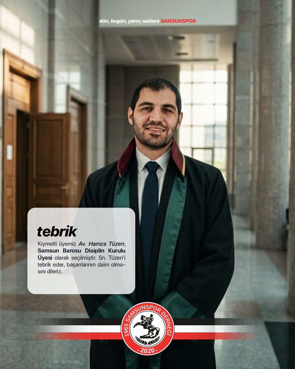 1965SSDER's tweet photo. Kıymetli üyemiz Av. Hamza Tüzen, Samsun Barosu Disiplin Kurulu Üyesi olarak seçilmiştir. Sn. Tüzen’i tebrik eder, başarılarının daim olmasını dileriz. https://t.co/jP5ZrKvxes