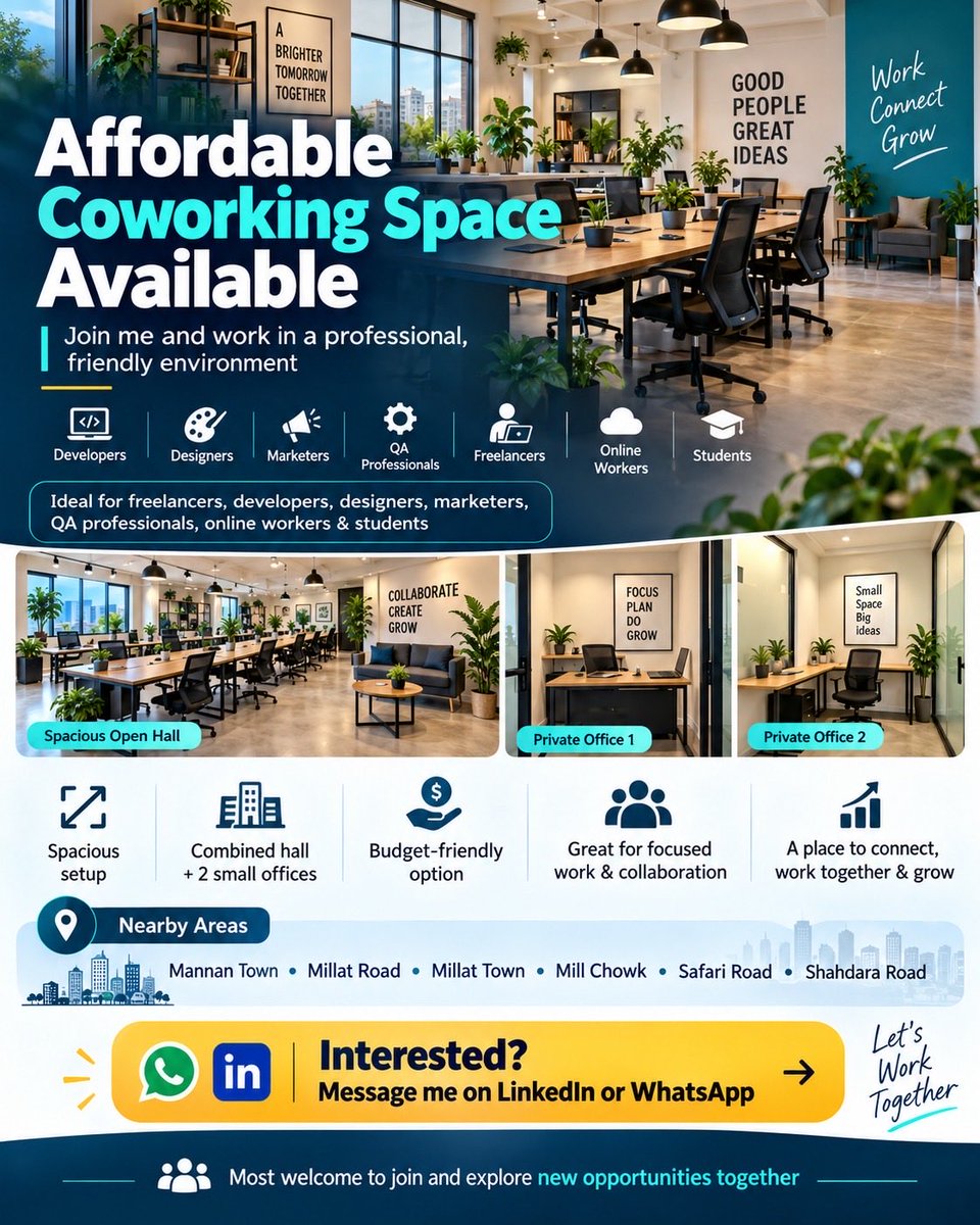 AhmadFreelancer's tweet photo. 📢 Open to freelancers, remote professionals, students, startups, and anyone looking for a productive workspace around Millat Town, Faisalabad.

Youre also welcome to visit and see whether the space suits your needs.Lets build connections, share opportunities, and grow together! https://t.co/aTDuttMjhk