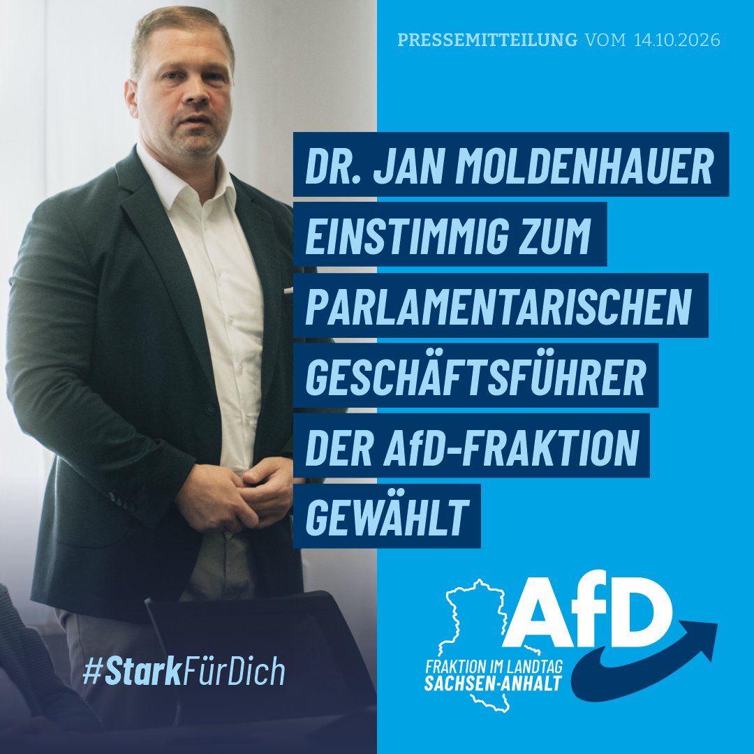 AfDFraktionLSA's tweet photo. Die AfD-Fraktion im #Landtag von Sachsen-Anhalt hat Dr. Jan Moldenhauer einstimmig zu ihrem neuen Parlamentarischen Geschäftsführer gewählt.

Moldenhauer tritt damit die Nachfolge von Tobias Rausch an, der nach seiner Wahl zum Präsidenten des Landtages von Sachsen-Anhalt das Amt des Parlamentarischen Geschäftsführers niedergelegt hat.

#AfD #LTLSA