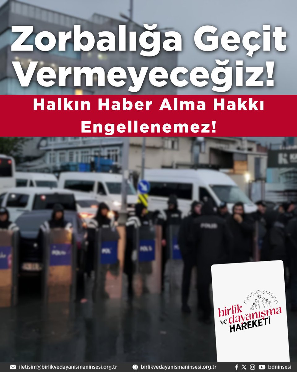 bdninsesi2's tweet photo. Zorbalığa Geçit Vermeyeceğiz! 
Halkın Haber Alma Hakkı Engellenemez!

Bugün Halk TV’ye yönelik gerçekleştirilen şafak baskını, kanala kayyum atanması ve binasına polis zoru ile girilmesi, iktidarın çizgisinde durmayan muhalif basını susturma operasyonunun en son halkasıdır. Muhalif televizyon kanallarına kayyum atanması, haber sitelerine getirilen erişim engelleri ve sosyal medya hesaplarının sansürlenmesi halkın haber alma hakkına, basın özgürlüğüne saldırıdır!

Ekonomik yıkımı, talanı ve halka karşı işlenen suçları açığa çıkaran basın emekçileri; gözaltılar, ev hapsi kararları ve tutuklamalarla sindirilmek, hizaya getirilmek istenmektedir. Gerçeklerin üstü siyasi baskılarla ve kayyumlarla örtülemez.

İktidarın tüm baskılarına rağmen halkın sesi olmaktan vazgeçmeyen basın emekçilerinin yanındayız!

Birlik ve Dayanışma Hareketi