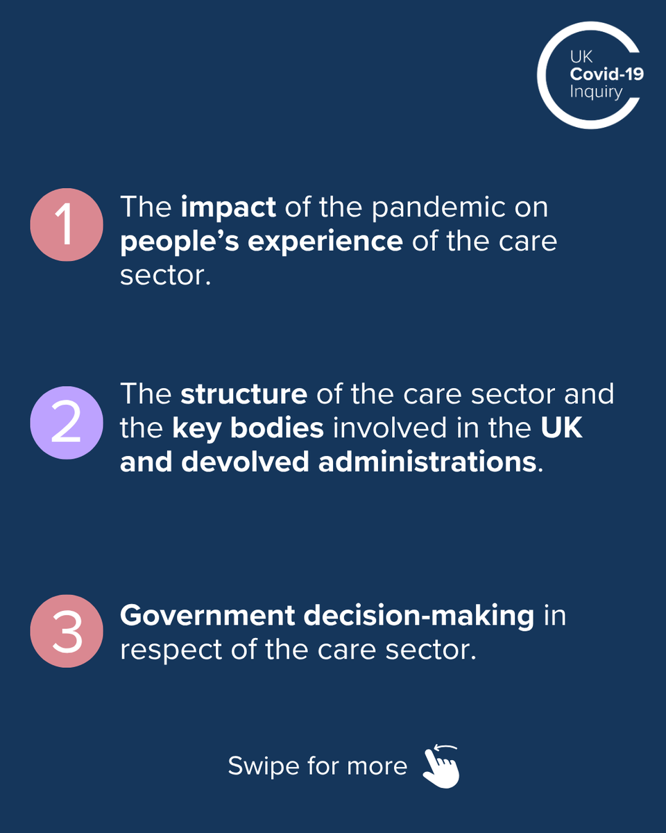 covidinquiryuk's tweet photo. 1/ Next Tuesday, we will publish the Inquiry's sixth report: ‘Care Sector’ (Module 6).

Module 6 investigates the impact of the pandemic on the publicly and privately funded adult social care sector in England, Scotland, Wales and Northern Ireland. https://t.co/yyMtxlu8Jg