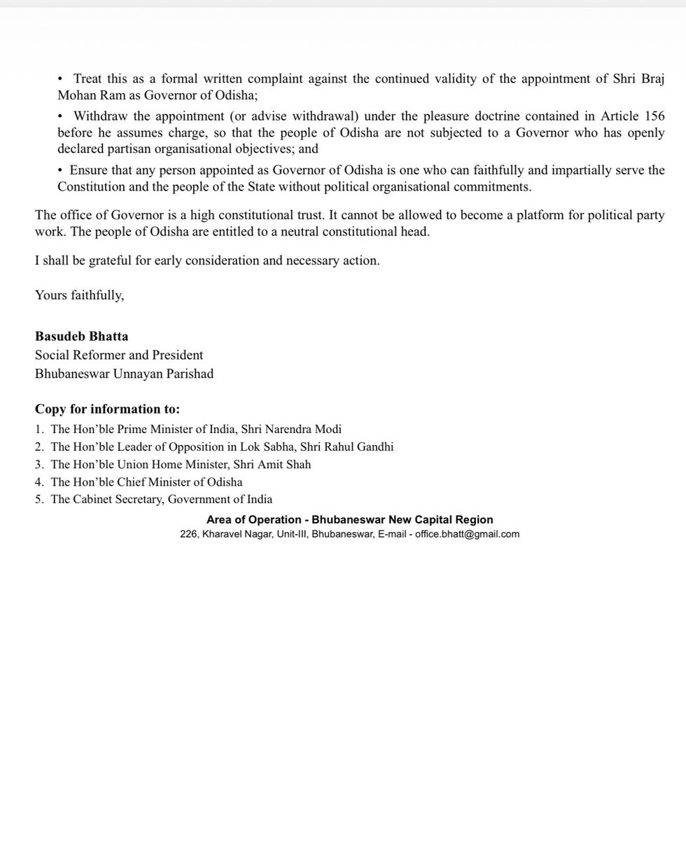 Bapi_Bhatt's tweet photo. Strongly opposed and demand to stop appointment process of this Brij Mohan Ram as @GovernorOdisha and cancel today only.
PM Modi shall respect the Indian Constitution. @narendramodi  @AmitShah @rashtrapatibhvn @ANI @PTI_News @aajtak @ndtv @ABPNews @IndiaToday @RahulGandhi https://t.co/atd26XLYRw
