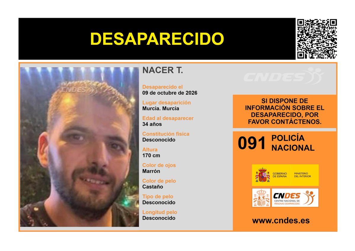 cndes_oficial's tweet photo. ⚠️𝘼𝙇𝙀𝙍𝙏𝘼⚠️
🧐Desapareció: #Murcia
🔁RT📲para ayudar a su localización
Si tienes noticias de su paradero:
📞091 @policia
📩https://t.co/M2TignxQS4
🔗Canal oficial @cndes_oficial https://t.co/tEh0EkeHeC