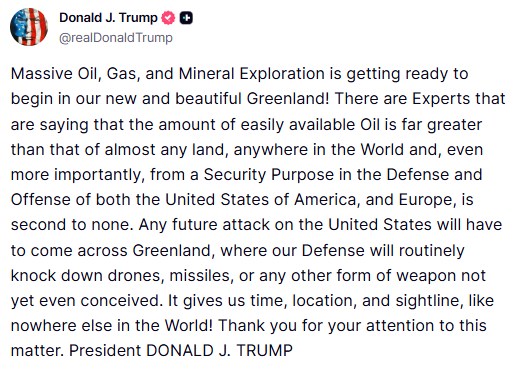 GuntherEagleman's tweet photo. 🚨 PRESIDENT TRUMP SAYS MASSIVE OIL, GAS, AND MINERAL EXPLORATION IS ABOUT TO BEGIN IN GREENLAND.

According to Trump, experts say its easily available oil could rival ALMOST ANY LAND ON EARTH.

But the bigger prize is SECURITY.

Any future attack on America would have to come ACROSS GREENLAND. Trump says our defenses there would knock down drones, missiles, and weapons not even invented yet.

Energy dominance and a shield for the homeland, all in one place.

This is what thinking ahead looks like.