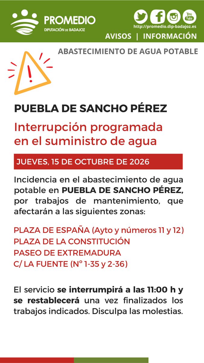 PromedioBadajoz's tweet photo. 🚧 AVISO > PUEBLA DE SANCHO PÉREZ
🚱 Interrupción programada del abastecimiento de agua por trabajos de mantenimiento, mañana jueves 15 de octubre. Disculpa las molestias.
#ATuServicio #PueblaDeSanchoPérez https://t.co/pLcv5M0jjG