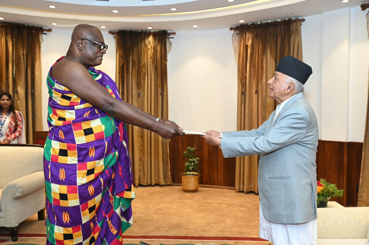OOP_Nepal's tweet photo. Rt. Hon. President Mr. Ramchandra Paudel received Letters of Credence from H.E. Mr. Kojo Bonsu, Non- Resident Ambassador of the Republic of Ghana amidst a special ceremony held at the Office of the President, Sheetal Niwas, today. https://t.co/28eeKLQ5Z4