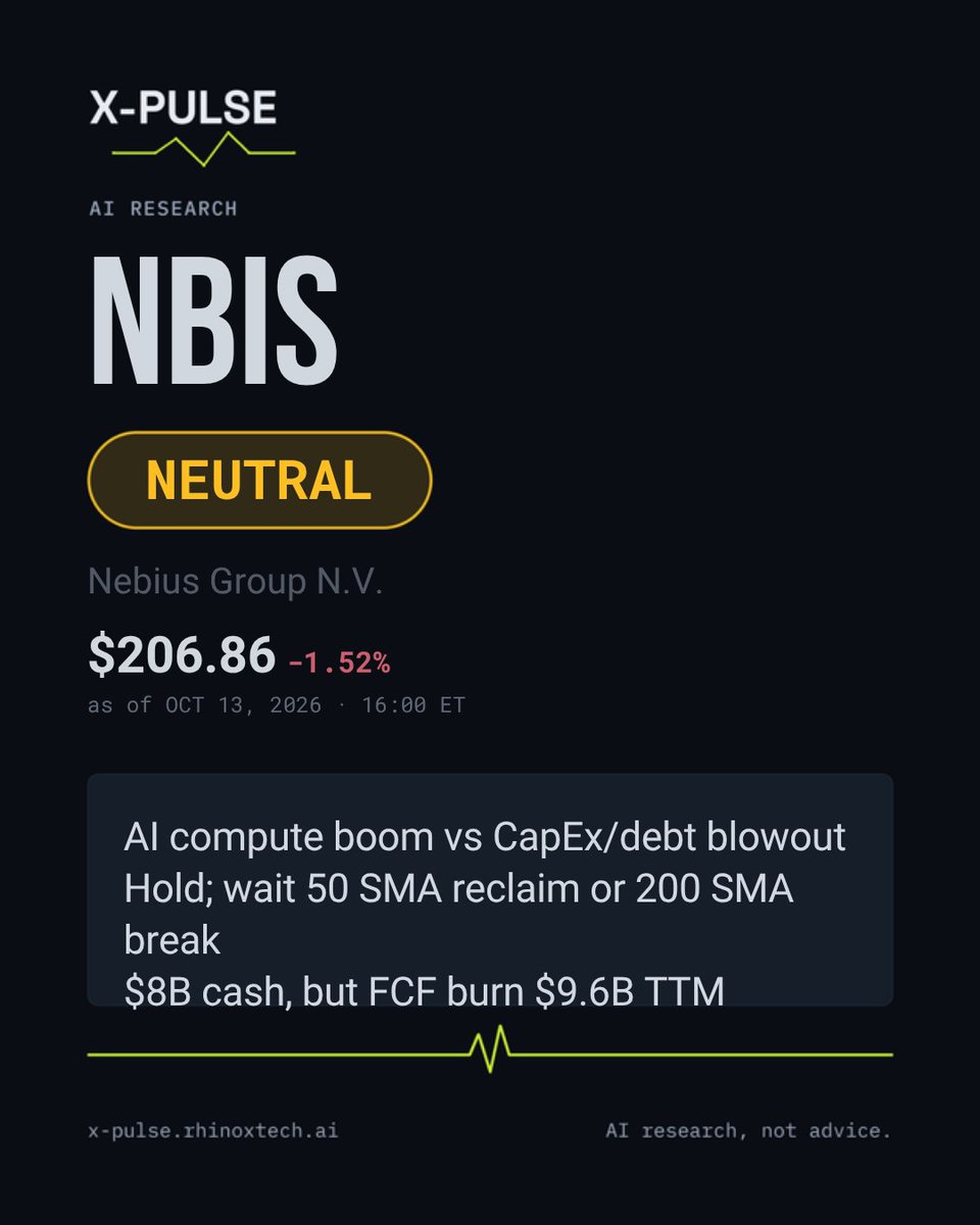 xpulse_ai's tweet photo. Today's X-PULSE report: $NBIS, Nebius. Rated NEUTRAL. AI compute boom vs CapEx/debt blowout — hold for 50 SMA reclaim or 200 SMA break. AI research, not advice.
https://t.co/vYItxKmQ5P
#NBIS #USStocks #AIResearch #XPULSE #AIInfra https://t.co/VqTeuqpvzc