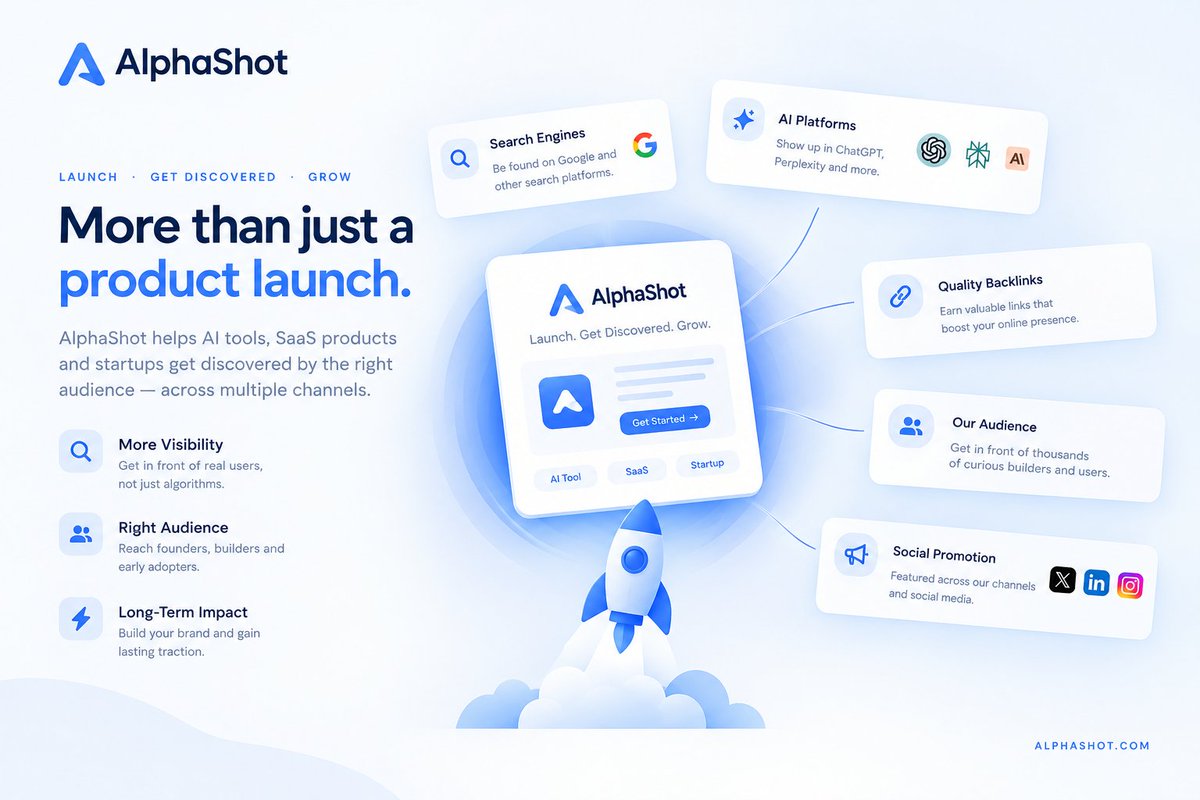 GetAlphaShot's tweet photo. When you finally understand why your SaaS needs more than a launch tweet 🤯

Your product deserves to be discovered beyond your own audience.

Launch on AlphaShot to put your AI tool or startup in front of people exploring new products.

Your next users won’t find you if they never see you.