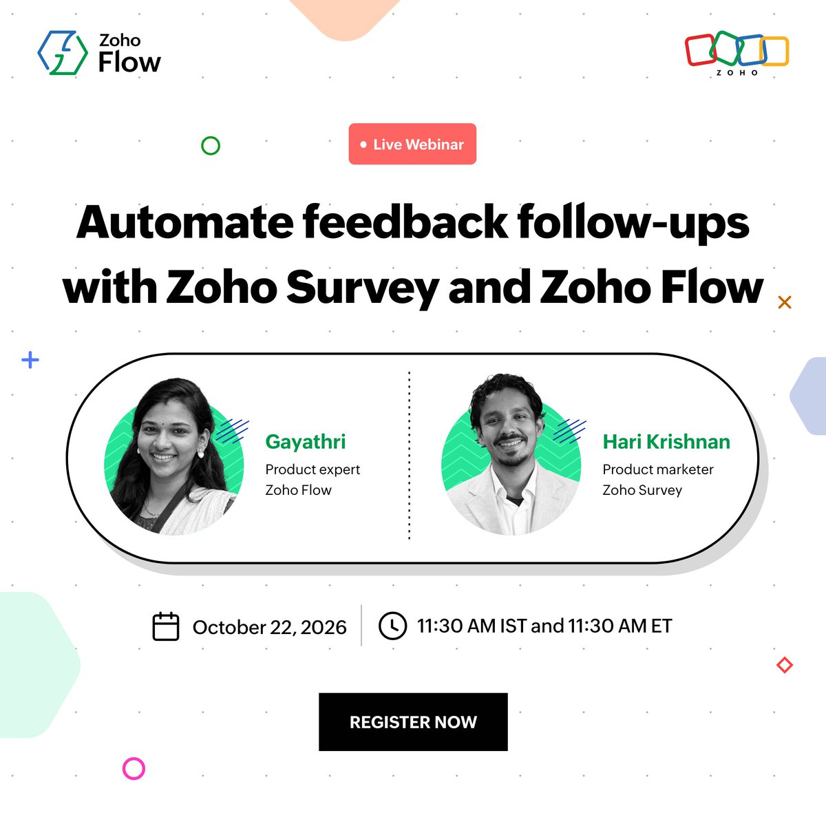 ZohoFlow's tweet photo. Join our upcoming webinar to learn how you can integrate Zoho Survey with other business apps using Zoho Flow.

Date: October 22, 2026

Register now:
11:30 AM (IST): https://t.co/bVqSogXYdi
11:30 AM (ET): https://t.co/Ee8sazO59T https://t.co/J9AweZrEFL