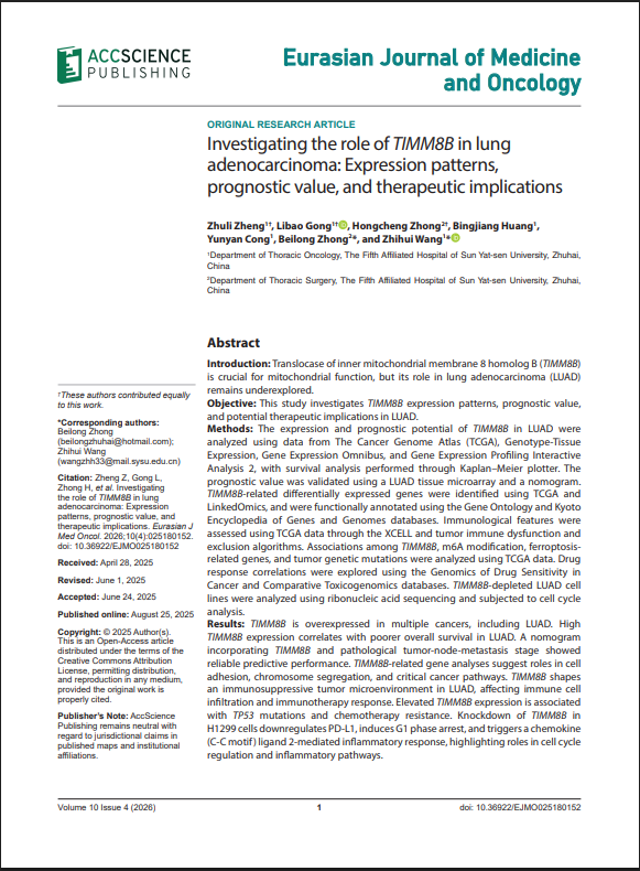 ejmo_asp's tweet photo. 📑 New in EJMO 
Title：Investigating the role of TIMM8B in lung adenocarcinoma: Expression patterns, prognostic value, and therapeutic implications
🔗 https://t.co/Ju2fwsOjVb

#Prognosis #Immunotherapy #Inflammatory #LungAdenocarcinoma https://t.co/k54kehr80N