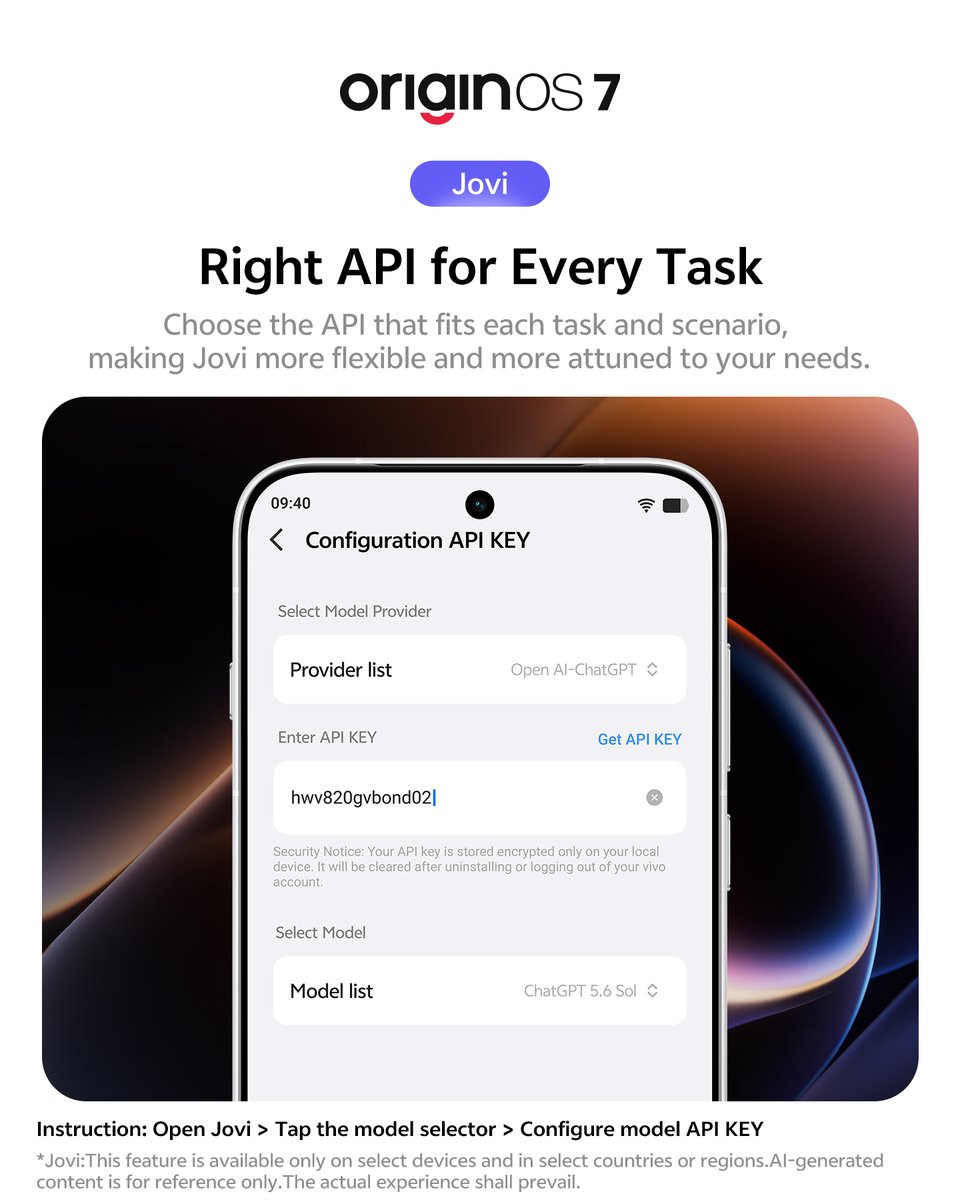 OriginOS_Global's tweet photo. Make Jovi work smarter for you.

With #OriginOS7, explore a variety of Skills and configure your preferred model API key to make Jovi more capable, more personal, and better suited to the way you work.

#vivo #OriginOS #vivoOriginOS #SmartlySmooth https://t.co/AMGLPVvjDb