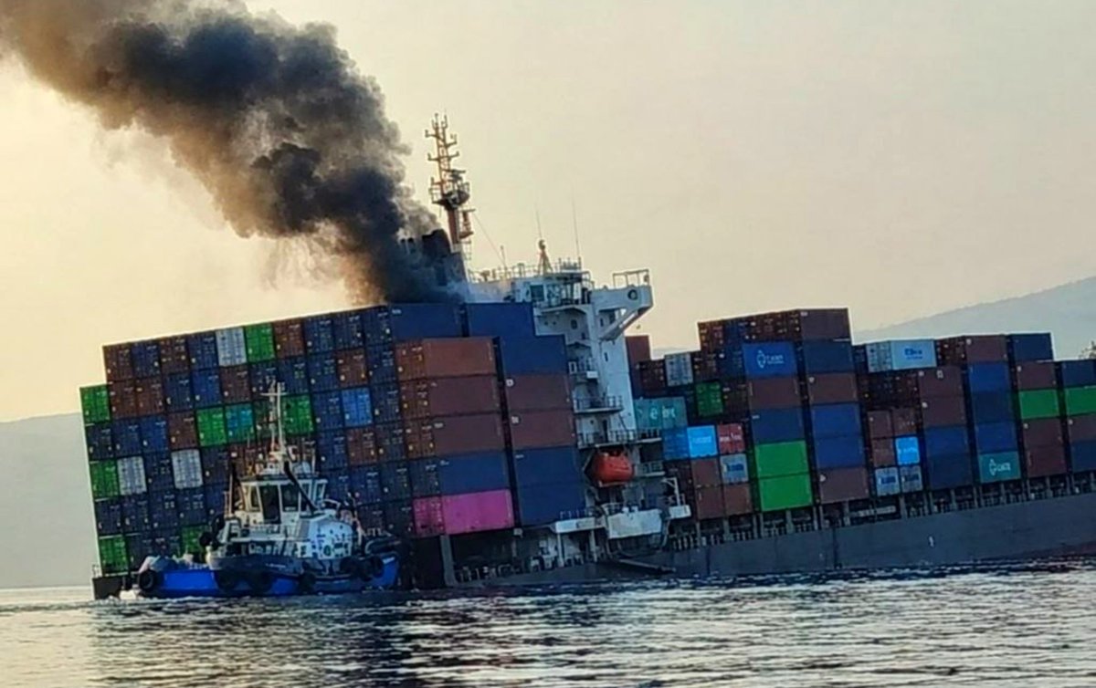 IranObserver0's tweet photo. ⚡️JUST IN: Iran has Sunk a Container Ship in the Strait of Hormuz that was carrying luxury Perfumes from Dubai and IPhones https://t.co/xDz8XqF6lJ
