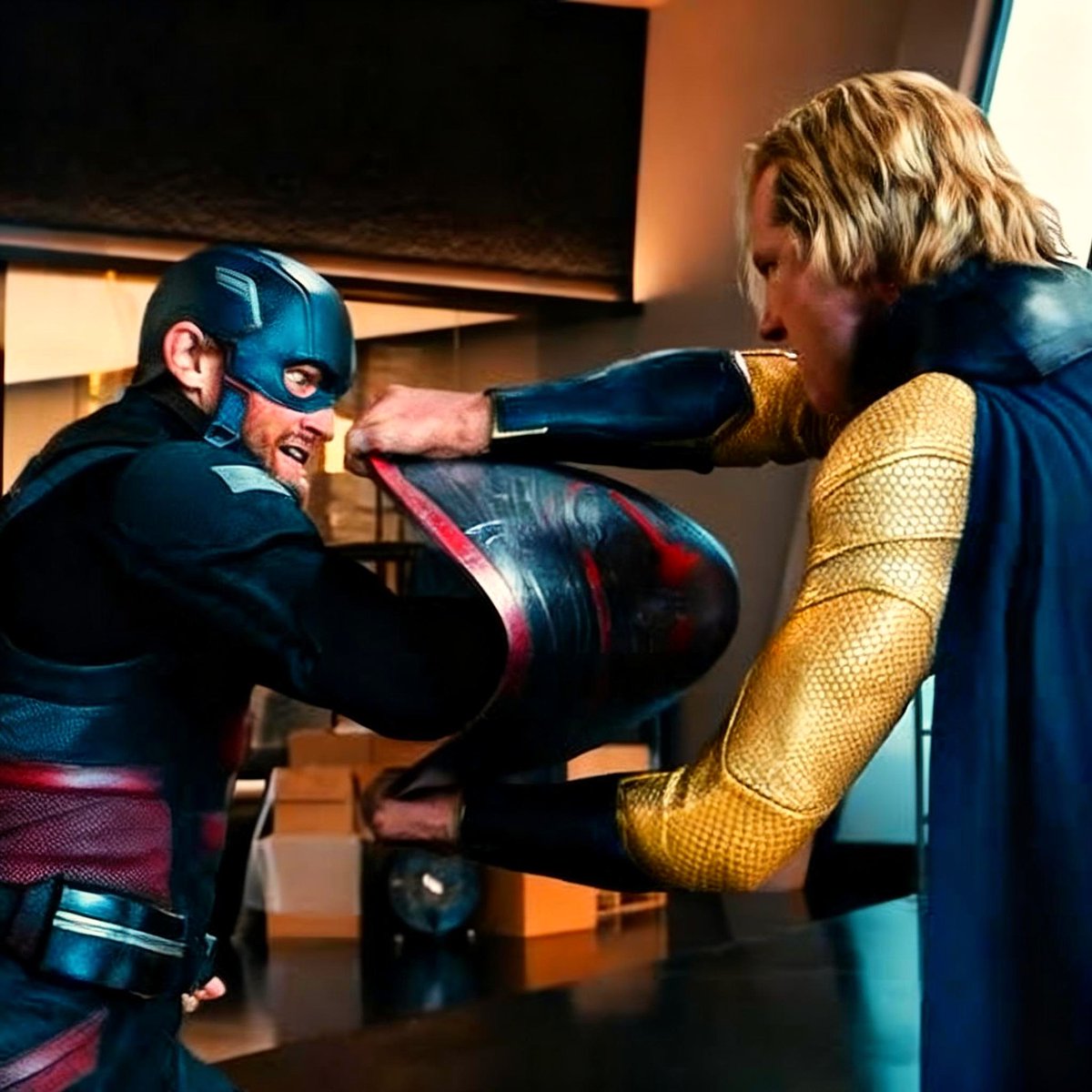 ewenmind's tweet photo. why is john walker STILL carrying his taco shield in avengers: doomsday? 

sentry folded it in thunderbolts, and 14 months later, it’s STILL bent.

should marvel fix it or keep the taco as walker’s trademark? https://t.co/2MQ4Ov8uTG