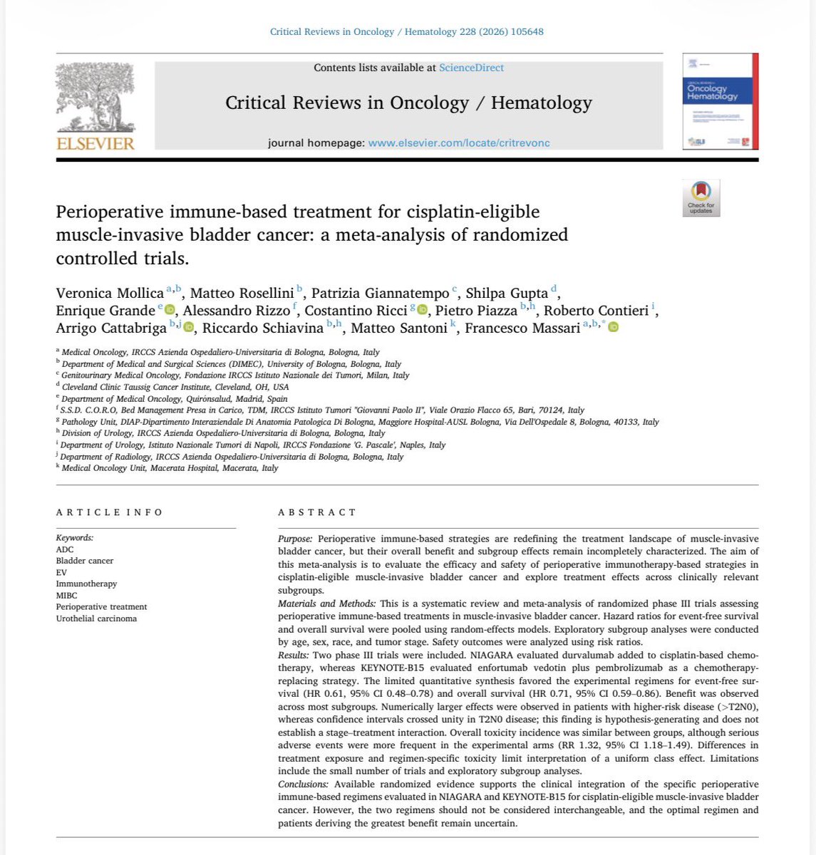 fmassari79's tweet photo. 🚨 Just published in @CHematology

We confirms the benefit of perioperative strategies in #MIBC.

Huge thanks to all co-authors, especially @vmollica7 for the brilliant idea! 👏
@shilpaonc @drenriquegrande @giannatempopatr @OncoAlert @OncoDailyGU https://t.co/FnOMZhXUvs