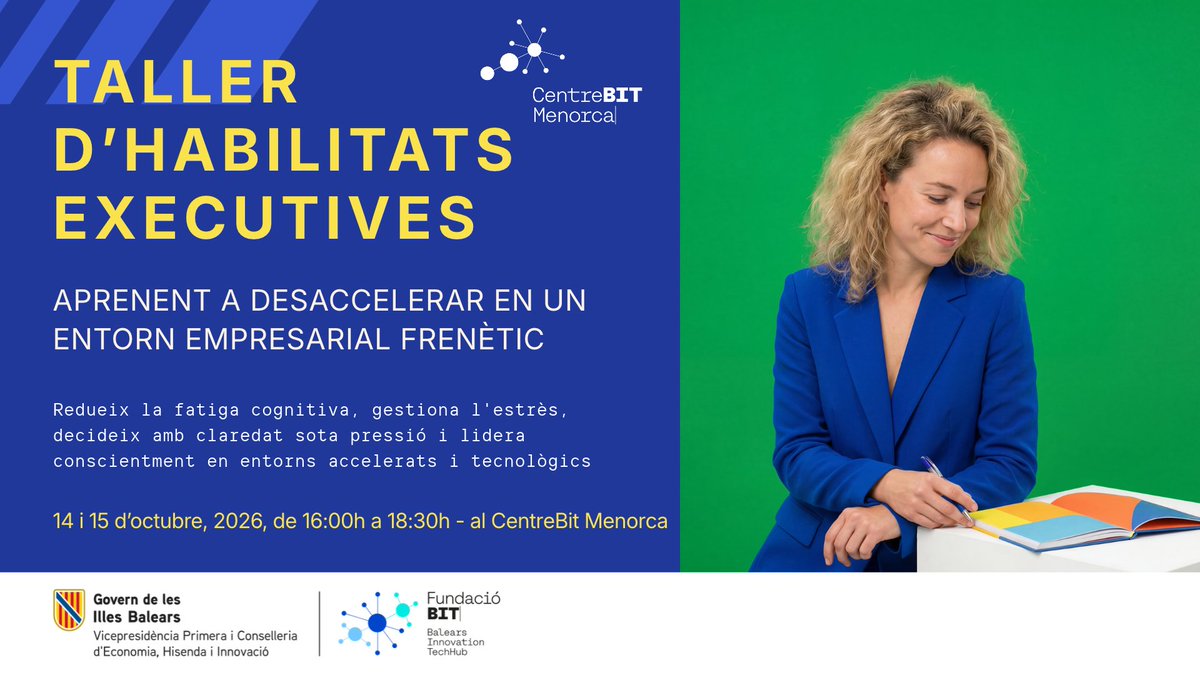 centre_bit's tweet photo. 🧘Avui ja és el dia! Acompanya'ns a descobrir com desaccelerar, recuperar claredat mental i prendre millors decisions amb la nostra  formació gratuïta impartida per Jimmy Pons, expert en innovació i transformació digital.
https://t.co/q7nGfFla4I https://t.co/OCXBU7hrTD