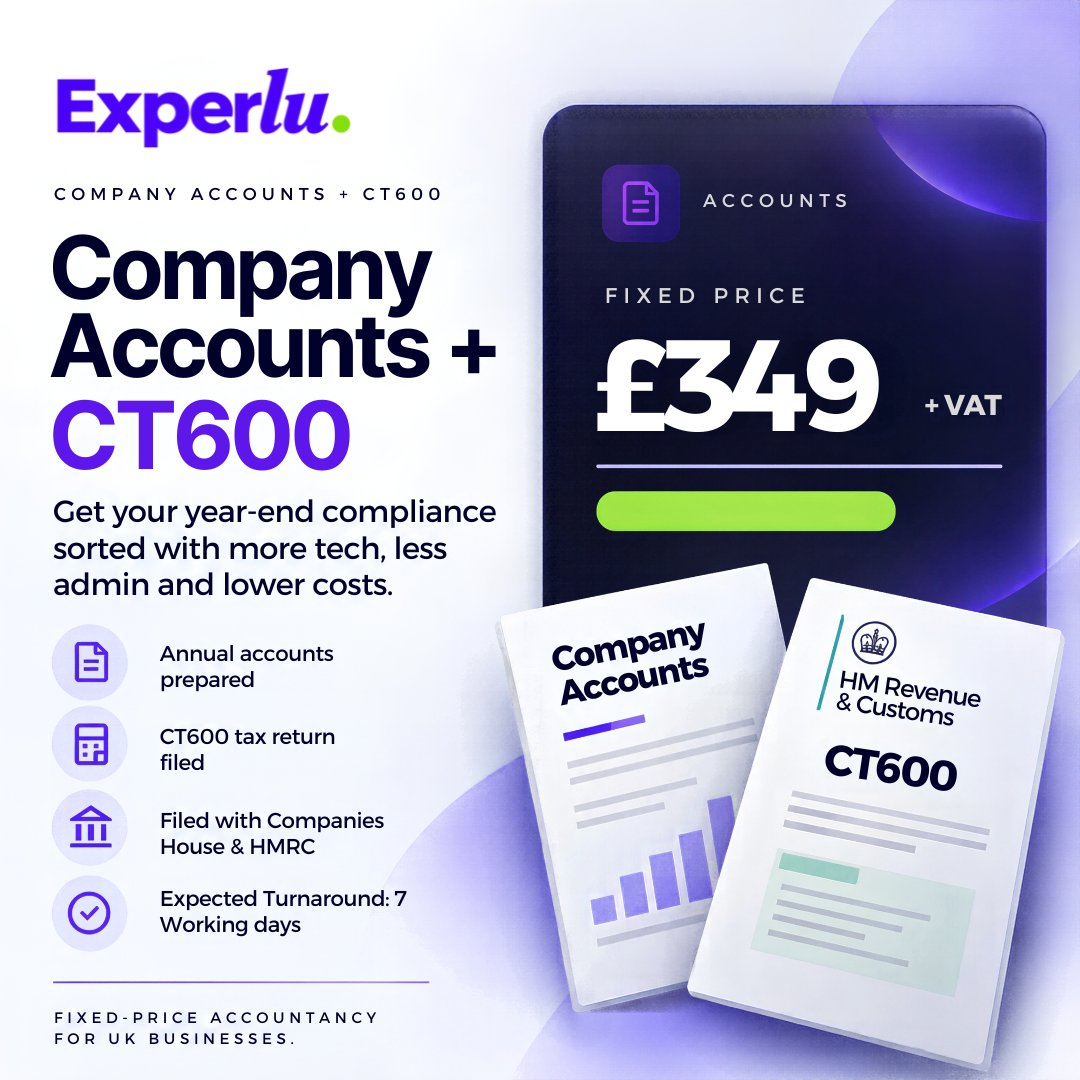 experlu's tweet photo. Year end sorted. We prepare your company accounts and CT600, and file with Companies House and HMRC in 7 working days. Fixed price: £349 + VAT. Message us to get started.

#CompanyAccounts #CT600 https://t.co/xMhbGq1bRr