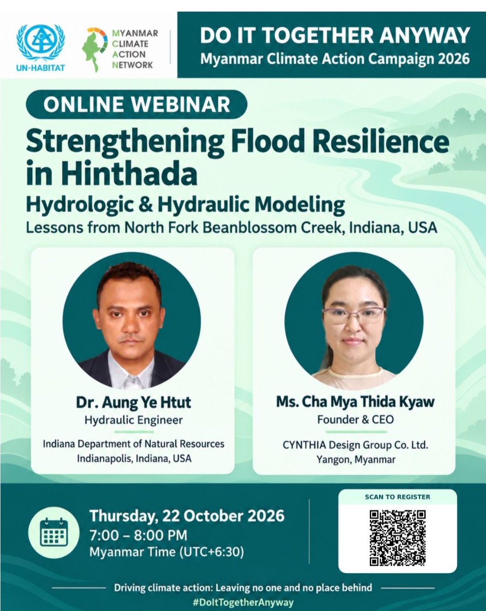 LavaliZodetser's tweet photo. 🌊 Strengthening Flood Resilience in Hinthada, Myanmar!

Join UN-Habitat Myanmar &amp; M-CAN to explore flood modeling lessons from Indiana, USA.
📅 22 Oct 2026 | 7–8 PM Myanmar Time
📍 Free Online Webinar

Register: https://t.co/DmLE02HRiz

#DoItTogetherAnyway #FloodResilience https://t.co/uUE9TYGtk5
