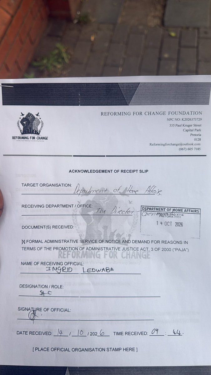 WMFoundationsa's tweet photo. @SABCNews Home Affairs has acknowledged receipt of our letter of Demand next step their clock is ticking
@Leon_Schreib @HomeAffairsSA https://t.co/wietc9nen8