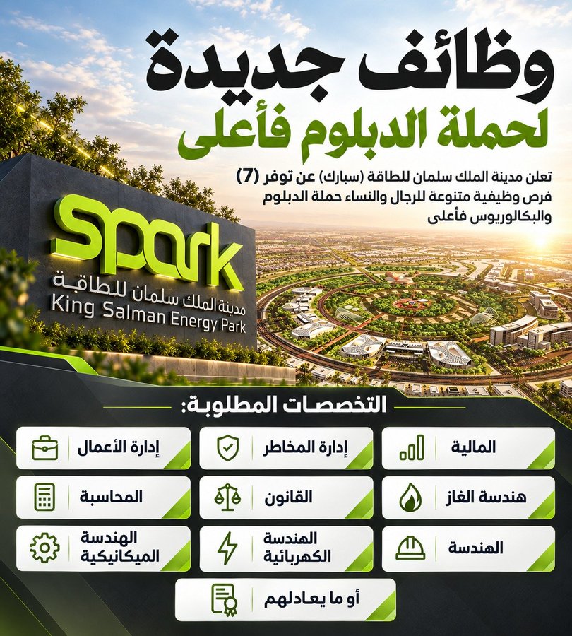 Abdullahbi69419's tweet photo. 🟢 فتح باب التوظيف في (مدينة الملك سلمان):

تعلن مدينة الملك سلمان للطاقة (#سبارك) عن فتح باب التقديم لشغل وظائف شاغرة ومتنوعة للرجال والنساء حملة الدبلوم والبكالوريوس فأعلى
 في التخصصات
 (الإدارية
 والمالية
 والهندسية).
للتقديم: career@taw-zif.com
#وظائف https://t.co/F021G13pFM