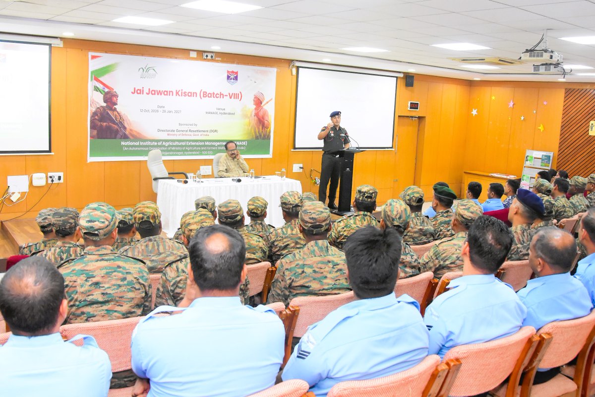 ManageHyd's tweet photo. #MANAGE,Hyderabad, inaugurated the 8th batch of the JJK Program, sponsored by DGR,Ministry of Defence
43 defence personnel from the Army,Navy&Air Force will gain knowledge, skills&practical exposure to pursue agripreneurship&sustainable livelihoods after retirement. @AgriGoI https://t.co/PyLGPMpLpg