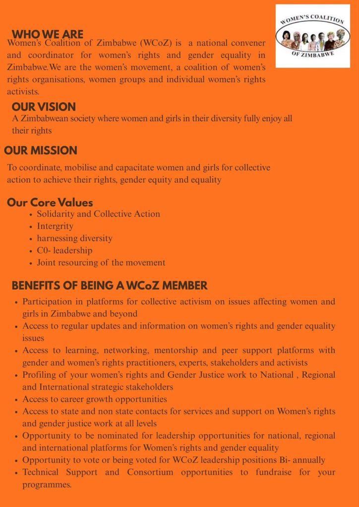 WCOZIMBABWE's tweet photo. Join the Women's Movement and add your voice to the fight for gender justice.

Visit our website to learn more about our work and how you can join the movement.
🔗 Apply here: https://t.co/udEpof6CKb or email wcozmembership@gmail.com for more information. https://t.co/RCcWKvr4OL