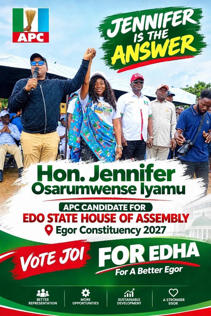 iyamu_o's tweet photo. THE QUESTION IS CHANGE, THE ANSWER IS JENNIFER
When it comes to quality lawmaking that protects the interest of our people,
Jennifer is the answer.

A better Egor is possible 
VOTE JOI 
VOTE APC 

©️HON. JENNIFER MEDIA TEAM https://t.co/aDjjbQ6R5X