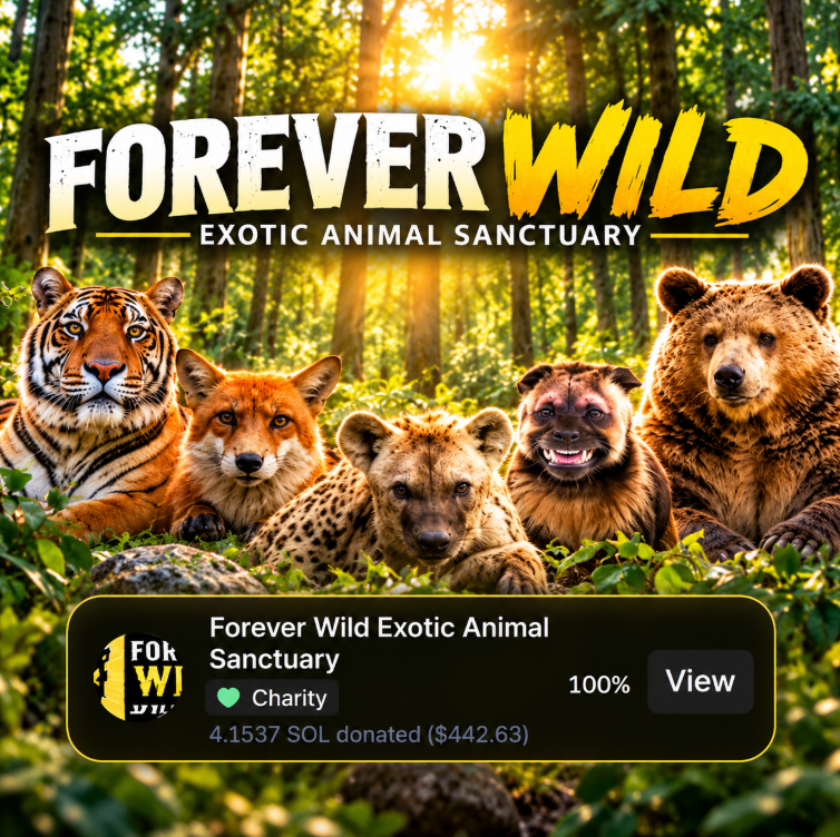 Foreverwild_sol's tweet photo. The $Wild Community has donated over $442 to Forever Wild Exotic Animal Sanctuary so far!

Every donation helps support the animals and the people who dedicate their lives to caring for them. This is just the beginning, and we're looking forward to making an even bigger impact together.