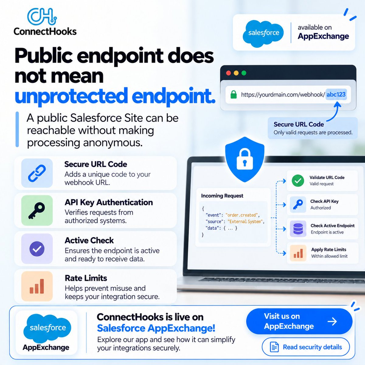 ConnectHooks's tweet photo. ๐ A public Salesforce endpoint doesn't have to mean unprotected processing.
ConnectHooks helps secure webhook integrations with:
โ
Secure URL codes
โ
API key authentication
โ
Rate limits
Explore: https://t.co/2st7PPBj6F
#Salesforce #ConnectHooks #Webhooks #APISecurity https://t.co/kE1olAFlgJ