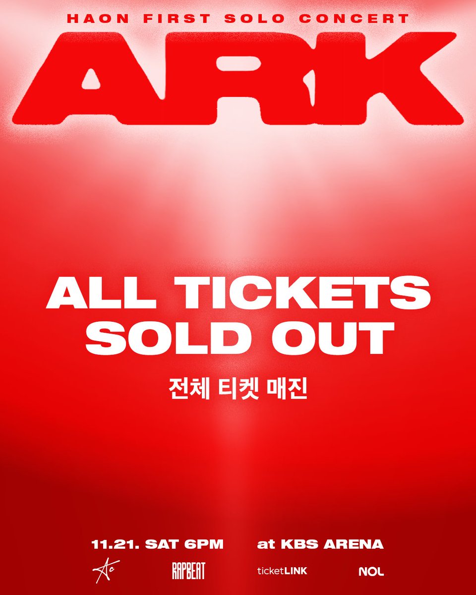 RAPBEATFESTIVAL's tweet photo. <ARK> All tickets are SOLD OUT!

HAON 1st Solo Concert <ARK>

2026.11.21 SAT 6PM (KST)
at KBS ARENA
만 12세 이상 https://t.co/5lhr2yGAUJ