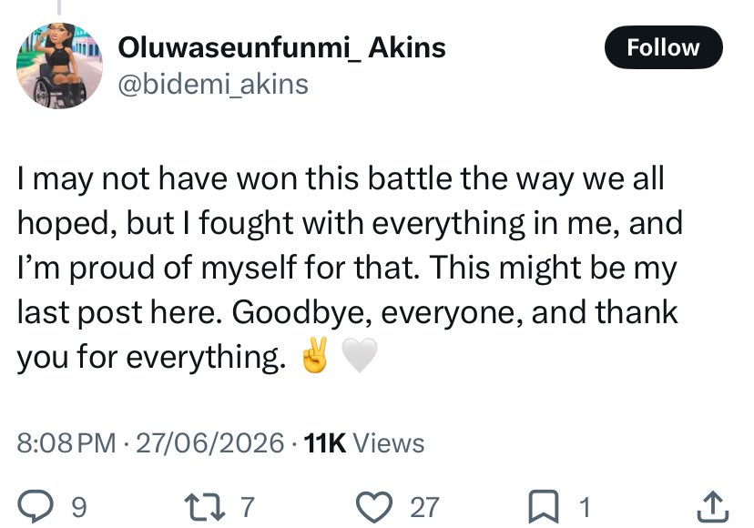 Dir_Martinsz's tweet photo. Cancer won 😪💔… there’s no way she could escape it, the shi spread to her lungs and ovary. 

Keep resting Bidemi 🕊️ she so much trust God only for he to lost faith completely and I won’t blame her for that. https://t.co/UZtjg1gEIV