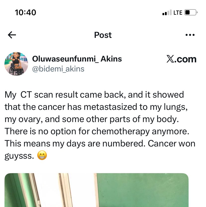 Dir_Martinsz's tweet photo. Cancer won 😪💔… there’s no way she could escape it, the shi spread to her lungs and ovary. 

Keep resting Bidemi 🕊️ she so much trust God only for he to lost faith completely and I won’t blame her for that. https://t.co/UZtjg1gEIV