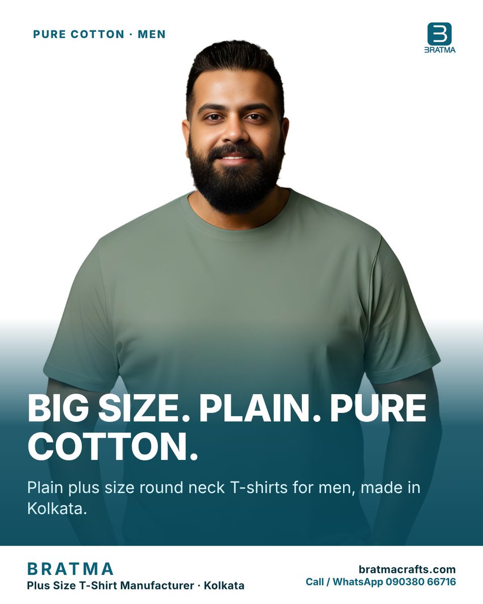 bratmacrafts's tweet photo. A plain T-shirt sounds simple until you need a bigger size. Plus size round neck T-shirts for men, pure cotton, 2XL to 7XL, made in Kolkata. Quote on WhatsApp 090380 66716 https://t.co/AQIvphMQkP #PlusSizeMen #PlusSizeTshirt https://t.co/WAI8QAZZzw