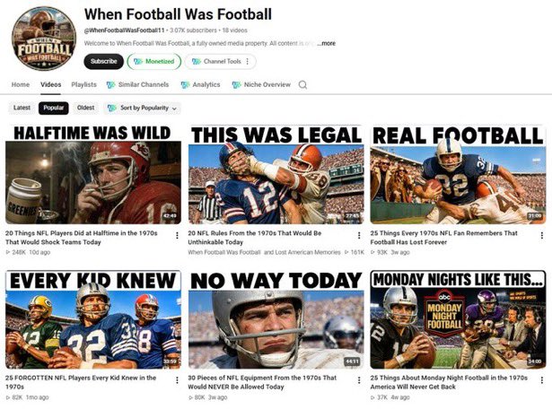ishankh4n's tweet photo. When Football Was Football has:

• 3.03K subscribers
• 18 videos
• ~$3,684 in estimated earnings (third-party estimate)
• A top video at 248K views

The topics are old rules, players, equipment and traditions.

What stands out:

• Bold thumbnails that spotlight what fans have forgotten
• Titles that compare 1970s football with today
• Each video packs in 20 to 30 forgotten facts

“This Was Legal” and “No Way Today” work because they set up a contrast. Viewers click to see how different the game used to be.

Nostalgia plus a clear comparison makes a strong, repeatable formula.
