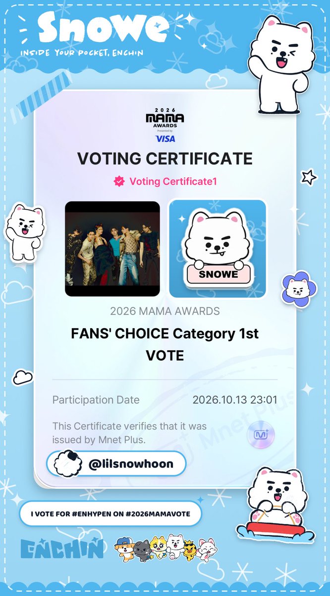 lilsnowhoon's tweet photo. [D3] ENGENES 

drop the tags here‼️ 

I vote for #ENHYPEN on #2026MAMAVOTE 

1 RETWEET = 1 VALID VOTE
1 REPLY = 1 VALID VOTE https://t.co/Gp0U6eccT2