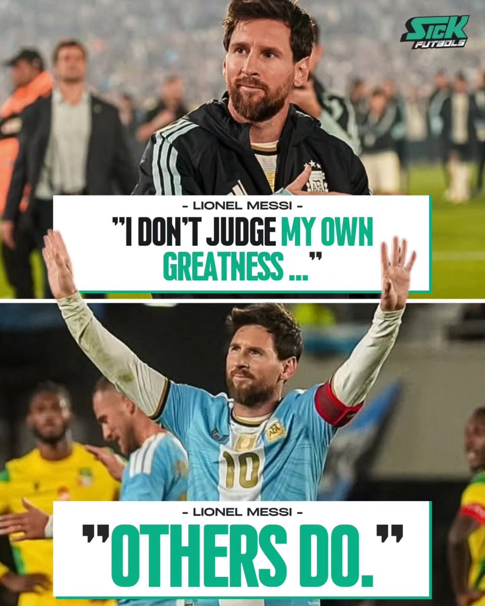 GOA10T's tweet photo. 🗣️ ليونيل ميسي:

"لا أعتبر كريستيانو رونالدو أو أي لاعب آخر منافسًا لي.
لطالما نظرت إلى الجميع باعتبارهم زملاء في المهنة، لأننا جميعًا نتشارك الهدف نفسه — وهو الفوز.

لن أتحدث عن نفسي، سواء كنت جيدًا أم لا، فهذا أمر يقرره الآخرون.
كان جدي يقول لي دائمًا: "الرجل الحقيقي لا ينبغي أن يتحدث كثيرًا عن نفسه".