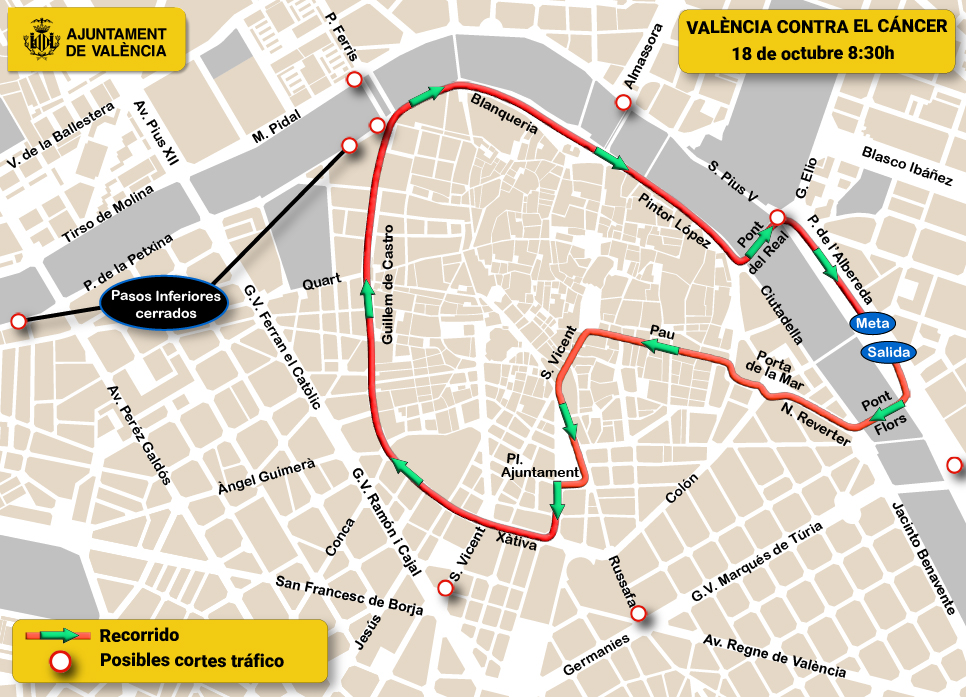 TransitValencia's tweet photo. 🏃‍♀️Domingo @RunCancerVal 
⌚️8:30h
🚍Puedes utilizar las líneas @emtvalencia 4, 8, 10, 11, 13, 16, 23, 24, 25, 26, 28, 31, 32, 35, 70, 71, 81, C2, 94 y 95 para llegar a la Alameda.
⭕️🚗Recorrido de 6 kilómetros y posibles cortes al tráfico👇

#running #YoSoyLaCura https://t.co/THkhN4DRpa