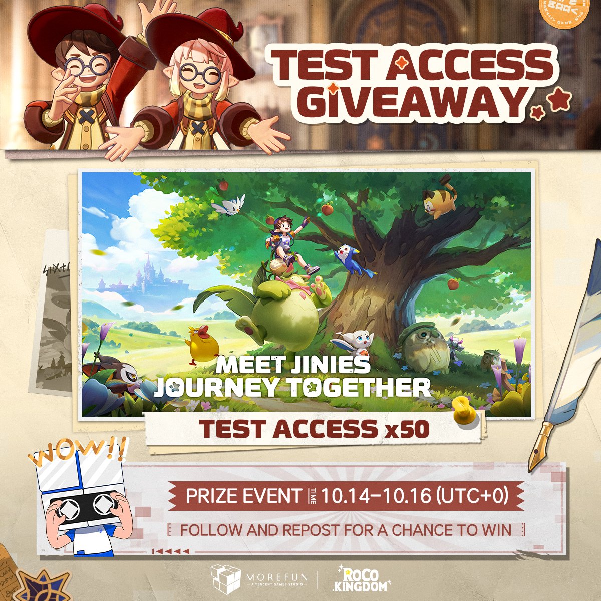 MorefunStudios's tweet photo. 🎉Roco Kingdom Test Access GIVEAWAY!

The Closed Beta Test is almost here and we've got 50 test access up for grabs!

🎁Prize: 50× Roco Kingdom Test Access

How to enter:
1. Follow @MorefunStudios & @RocoKingdomEN
2. Repost

Event ends at 23:59 (UTC+0) on Oct 16. Winners will be announced on X and contacted via DM within 2 days after the event ends.

Sign-ups are still open: https://t.co/b66UCMZ4ME
Wishlist on Steam now: https://t.co/KI9VobaeUc

#RocoKingdom #Roco #giveaway #MorefunStudios