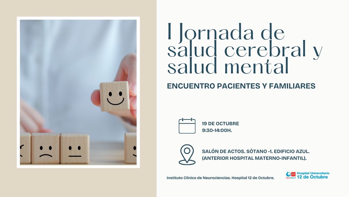 daperezm's tweet photo. La medicina no tiene sentido sin escuchar a quienes conviven cada día con la enfermedad.

El próximo lunes 19 de octubre celebramos la I Jornada de Salud Cerebral y Salud Mental que coordinamos desde el Instituto Clínico de  @Neurociencia12O  del @H12Octubre 
Una mañana pensada para dar voz a las asociaciones de pacientes y sentarnos a debatir con profesionales, cuidadores, pacientes y familiares sobre sus necesidades reales.   

📍 Salón de Actos Antiguo Materno-Infantil (H. 12 de Octubre)
🕤 De 9:30 a 14:00h
🔓 Acceso libre y gratuito (no requiere inscripción).   

¡Animaos a venir y a compartir! 🤝🧠
Programa: https://t.co/191TOxTWJP